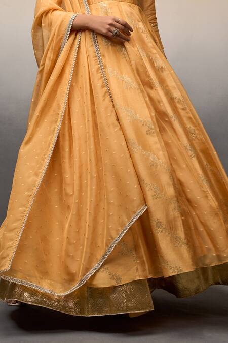 Parshya_Yellow Brocade, Silk Beads V-neck Flower Vine Pattern Anarkali Palazzo Set _Online_at_Aza_Fashions