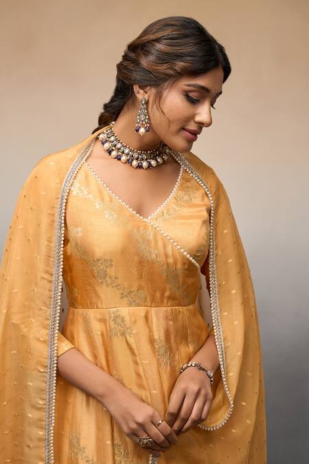 Shop_Parshya_Yellow Brocade, Silk Beads V-neck Flower Vine Pattern Anarkali Palazzo Set _Online_at_Aza_Fashions