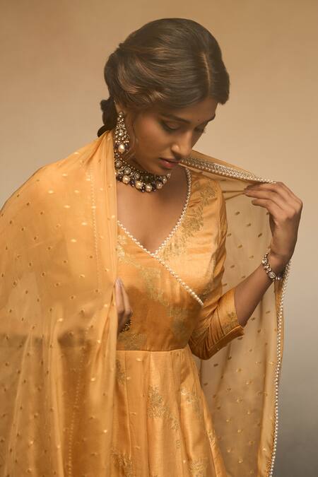 Parshya_Yellow Brocade, Silk Beads V-neck Flower Vine Pattern Anarkali Palazzo Set _at_Aza_Fashions