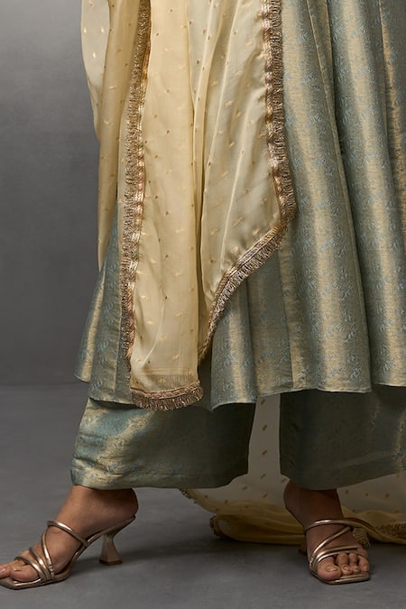 Parshya_Blue Brocade, Chiffon Embroidery, Banarasi Floral Pattern Anarkali Pant Set _Online_at_Aza_Fashions