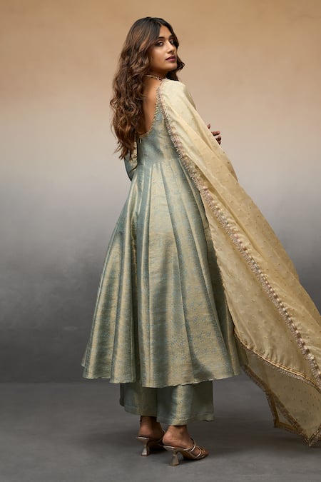 Buy_Parshya_Blue Brocade, Chiffon Embroidery, Banarasi Floral Pattern Anarkali Pant Set _Online_at_Aza_Fashions