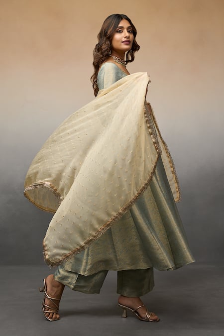 Shop_Parshya_Blue Brocade, Chiffon Embroidery, Banarasi Floral Pattern Anarkali Pant Set _Online_at_Aza_Fashions