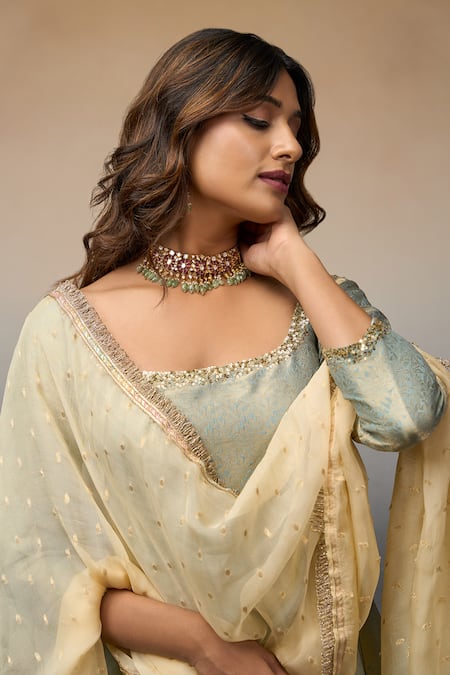 Parshya_Blue Brocade, Chiffon Embroidery, Banarasi Floral Pattern Anarkali Pant Set _at_Aza_Fashions