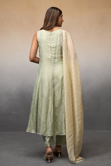 Shop Parshya Green Brocade, Chiffon Beads Round Neck Hand Embroidered Anarkali Pant Set at Aza Fashions Shop_Parshya_Green Brocade, Chiffon Beads Round Neck Hand Embroidered Anarkali Pant Set _at_Aza_Fashions