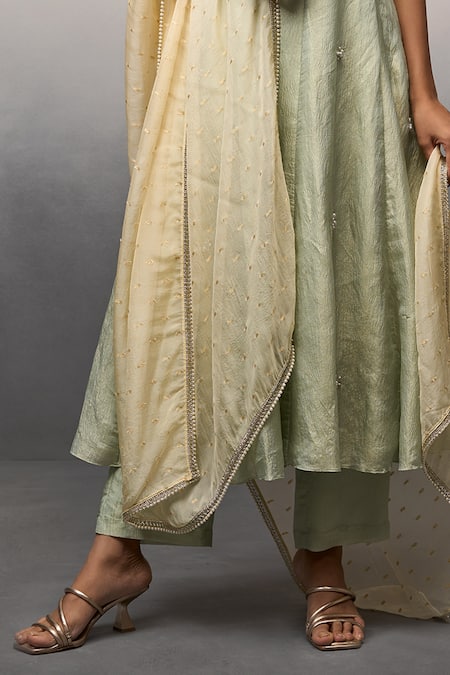 Parshya Green Brocade, Chiffon Beads Round Neck Hand Embroidered Anarkali Pant Set Online at Aza Fashions Parshya_Green Brocade, Chiffon Beads Round Neck Hand Embroidered Anarkali Pant Set _Online_at_Aza_Fashions