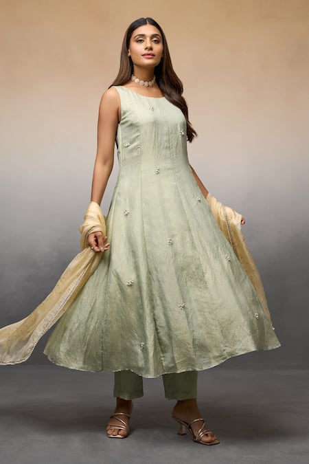 Buy Parshya Green Brocade, Chiffon Beads Round Neck Hand Embroidered Anarkali Pant Set Online at Aza Fashions Buy_Parshya_Green Brocade, Chiffon Beads Round Neck Hand Embroidered Anarkali Pant Set _Online_at_Aza_Fashions