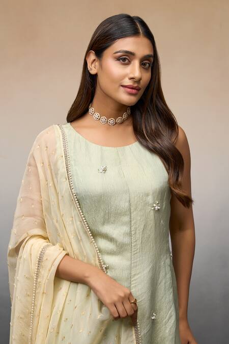 Shop Parshya Green Brocade, Chiffon Beads Round Neck Hand Embroidered Anarkali Pant Set Online at Aza Fashions Shop_Parshya_Green Brocade, Chiffon Beads Round Neck Hand Embroidered Anarkali Pant Set _Online_at_Aza_Fashions