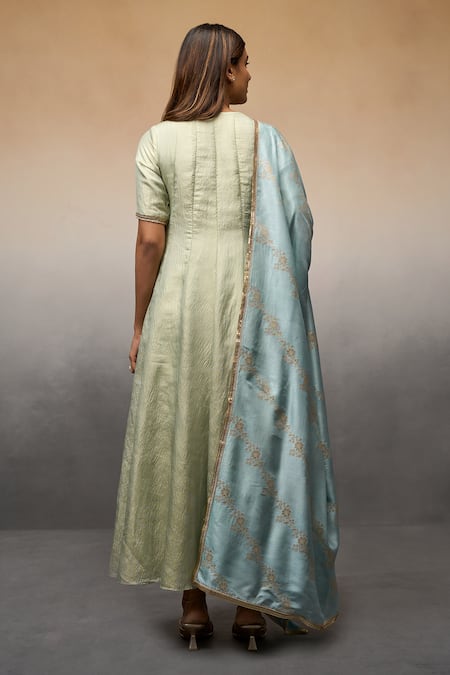 Shop_Parshya_Green Brocade, Silk Sequins Embroidered Anarkali Pant Set _at_Aza_Fashions