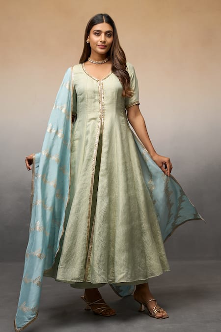 Parshya_Green Brocade, Silk Sequins Embroidered Anarkali Pant Set _Online_at_Aza_Fashions