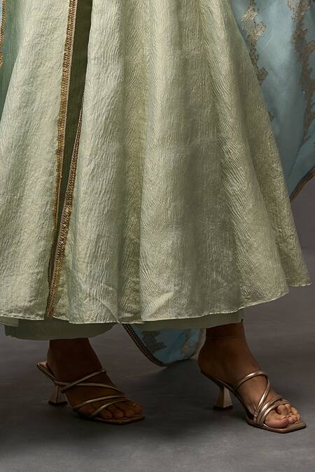 Buy_Parshya_Green Brocade, Silk Sequins Embroidered Anarkali Pant Set _Online_at_Aza_Fashions