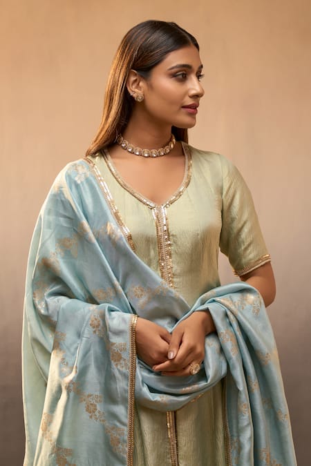 Shop_Parshya_Green Brocade, Silk Sequins Embroidered Anarkali Pant Set _Online_at_Aza_Fashions