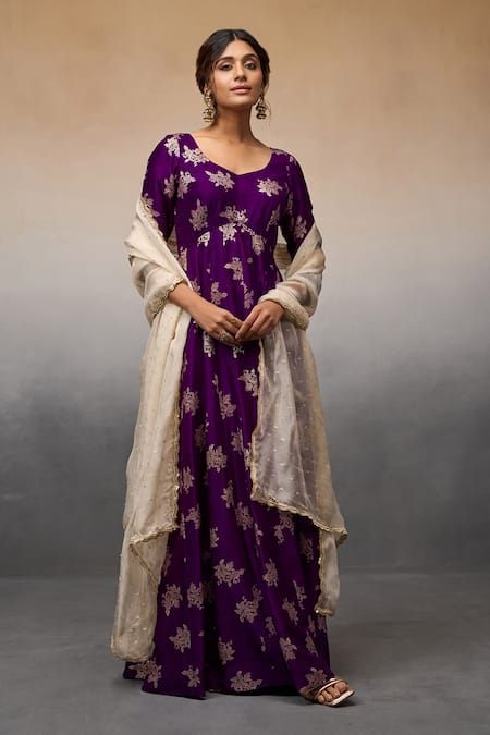 Parshya_Purple Brocade, Chiffon Embroidery Flower Vine Pattern Anarkali With Dupatta _Online_at_Aza_Fashions