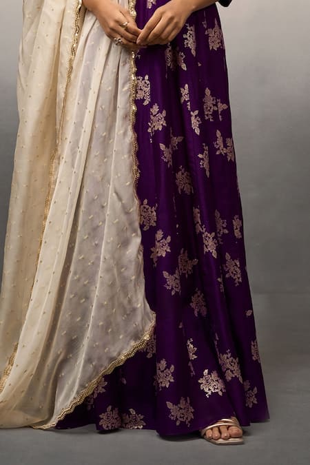 Buy_Parshya_Purple Brocade, Chiffon Embroidery Flower Vine Pattern Anarkali With Dupatta _Online_at_Aza_Fashions