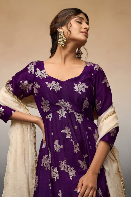 Shop_Parshya_Purple Brocade, Chiffon Embroidery Flower Vine Pattern Anarkali With Dupatta _Online_at_Aza_Fashions