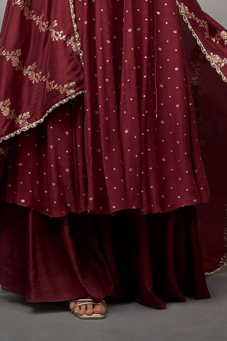 Parshya_Maroon Flannel, Silk Embroidery Round Floral Vine Pattern Anarkali Palazzo Set _Online_at_Aza_Fashions
