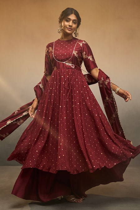 Shop_Parshya_Maroon Flannel, Silk Embroidery Round Floral Vine Pattern Anarkali Palazzo Set _Online_at_Aza_Fashions