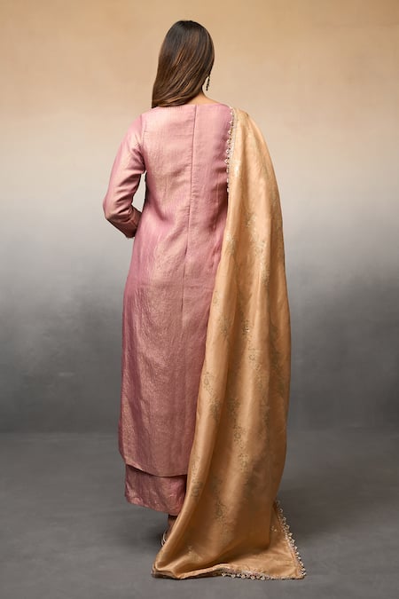 Shop_Parshya_Pink Brocade, Silk Pearls, Embroidery Keyhole Neck Shimmer Finish Kurta Pant Set _at_Aza_Fashions