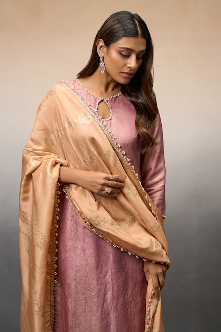 Parshya_Pink Brocade, Silk Pearls, Embroidery Keyhole Neck Shimmer Finish Kurta Pant Set _Online_at_Aza_Fashions