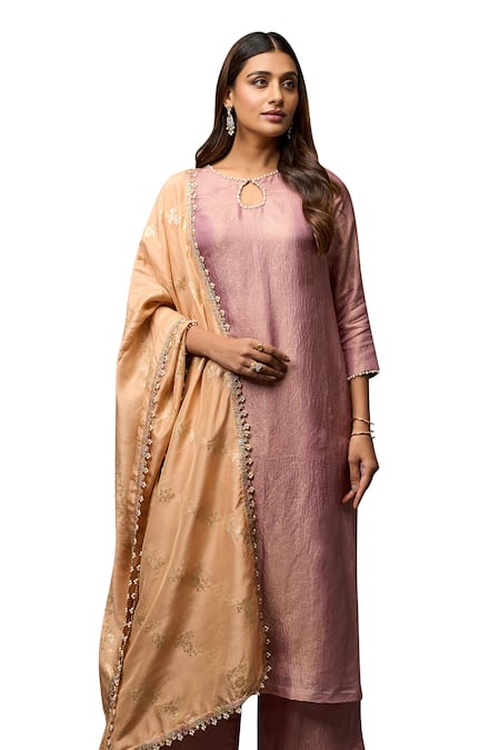 Buy_Parshya_Pink Brocade, Silk Pearls, Embroidery Keyhole Neck Shimmer Finish Kurta Pant Set _Online_at_Aza_Fashions