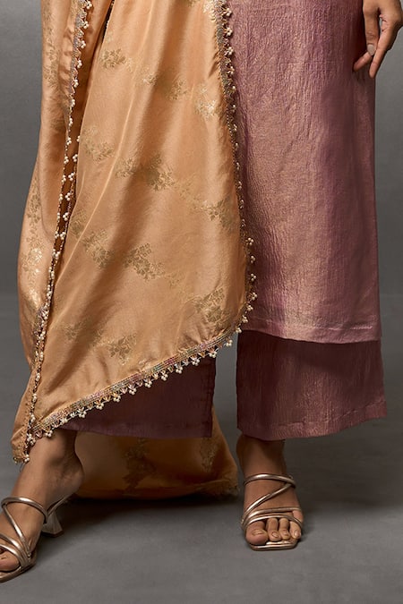 Shop_Parshya_Pink Brocade, Silk Pearls, Embroidery Keyhole Neck Shimmer Finish Kurta Pant Set _Online_at_Aza_Fashions
