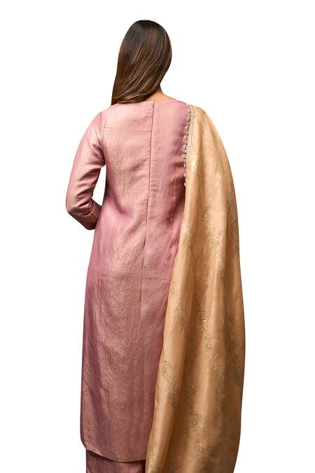 Buy_Parshya_Pink Brocade, Silk Pearls, Embroidery Keyhole Neck Shimmer Finish Kurta Pant Set 