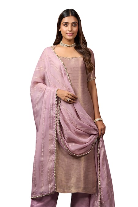 Buy_Parshya_Purple Silk, Brocade, Chiffon Sequins, Flower Banarasi Pattern Kurta Pant Set _Online_at_Aza_Fashions