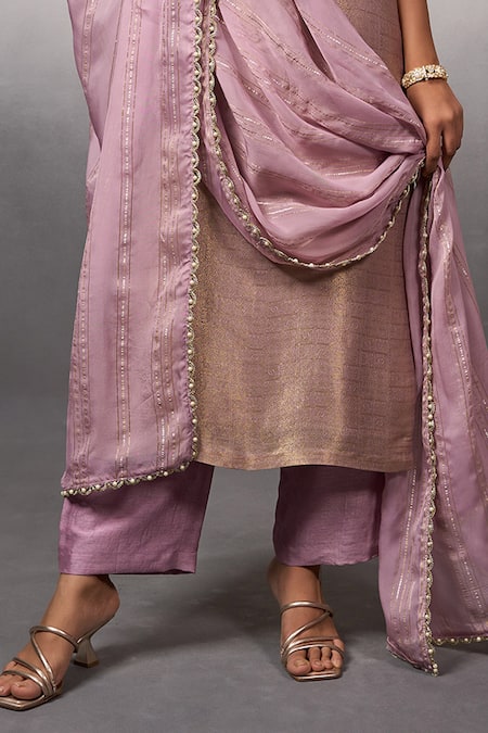 Shop_Parshya_Purple Silk, Brocade, Chiffon Sequins, Flower Banarasi Pattern Kurta Pant Set _Online_at_Aza_Fashions