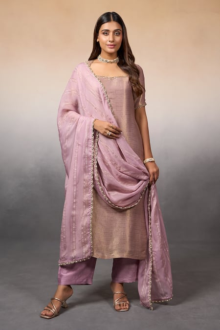 Parshya_Purple Silk, Brocade, Chiffon Sequins, Flower Banarasi Pattern Kurta Pant Set _at_Aza_Fashions