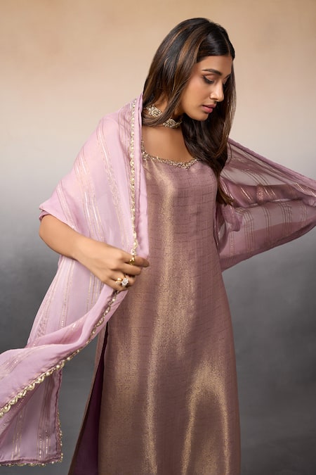 Buy_Parshya_Purple Silk, Brocade, Chiffon Sequins, Flower Banarasi Pattern Kurta Pant Set 