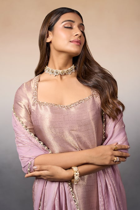 Shop_Parshya_Purple Silk, Brocade, Chiffon Sequins, Flower Banarasi Pattern Kurta Pant Set 