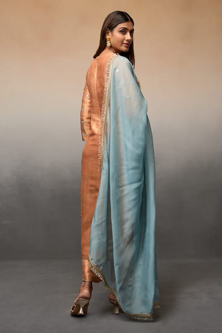 Shop Parshya Peach Brocade Embroidery, Mirrors Round Neck Work Butti Kurta Pant Set at Aza Fashions Shop_Parshya_Peach Brocade Embroidery, Mirrors Round Neck Work Butti Kurta Pant Set _at_Aza_Fashions