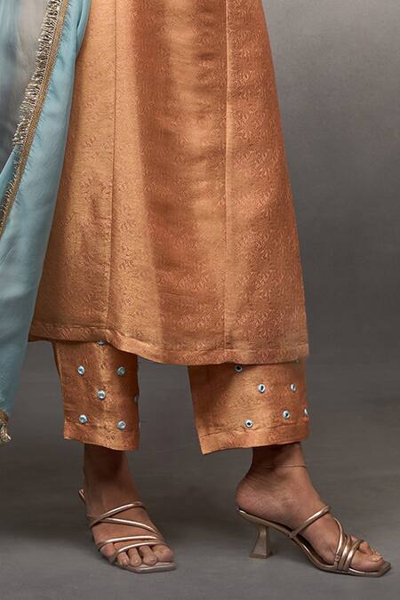 Parshya Peach Brocade Embroidery, Mirrors Round Neck Work Butti Kurta Pant Set Online at Aza Fashions Parshya_Peach Brocade Embroidery, Mirrors Round Neck Work Butti Kurta Pant Set _Online_at_Aza_Fashions