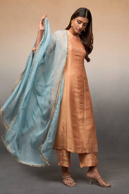 Buy Parshya Peach Brocade Embroidery, Mirrors Round Neck Work Butti Kurta Pant Set Online at Aza Fashions Buy_Parshya_Peach Brocade Embroidery, Mirrors Round Neck Work Butti Kurta Pant Set _Online_at_Aza_Fashions