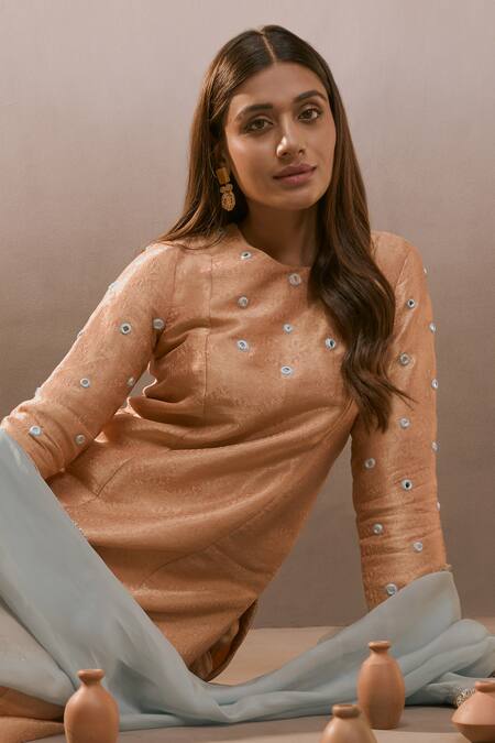 Parshya Peach Brocade Embroidery, Mirrors Round Neck Work Butti Kurta Pant Set at Aza Fashions Parshya_Peach Brocade Embroidery, Mirrors Round Neck Work Butti Kurta Pant Set _at_Aza_Fashions