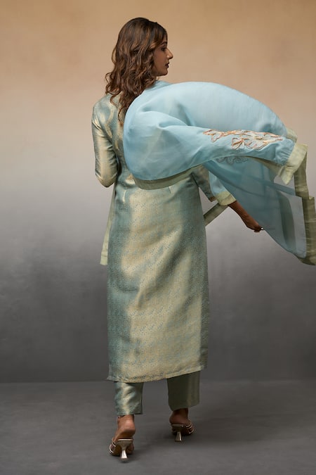 Shop_Parshya_Blue Brocade, Chiffon Sequins, Embroidery V-neck Banarasi Pattern Kurta Pant Set _at_Aza_Fashions