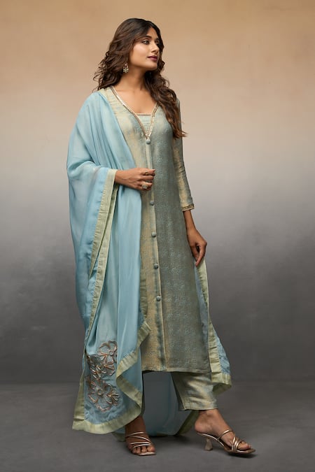 Parshya_Blue Brocade, Chiffon Sequins, Embroidery V-neck Banarasi Pattern Kurta Pant Set _Online_at_Aza_Fashions