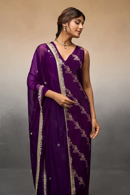 Parshya_Purple Silk, Cotton, Chiffon Embroidery, Flower Vine Pattern Kurta Pant Set _Online_at_Aza_Fashions