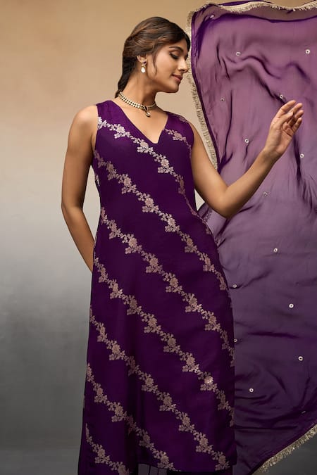 Buy_Parshya_Purple Silk, Cotton, Chiffon Embroidery, Flower Vine Pattern Kurta Pant Set _Online_at_Aza_Fashions
