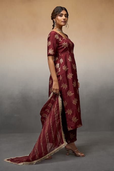 Shop_Parshya_Maroon Silk, Cotton, Brocade Embroidery Floral Bloom Pattern Kurta Pant Set _Online_at_Aza_Fashions