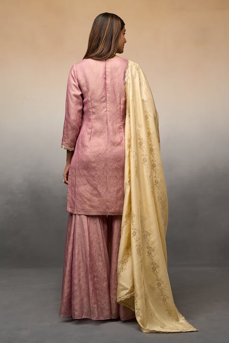 Shop_Parshya_Pink Brocade Mirrors, Embroidery, Sequins V-neck Butti Work Kurta Sharara Set _at_Aza_Fashions