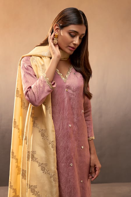 Parshya_Pink Brocade Mirrors, Embroidery, Sequins V-neck Butti Work Kurta Sharara Set _Online_at_Aza_Fashions