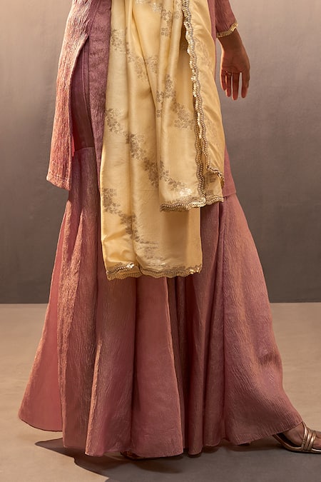 Buy_Parshya_Pink Brocade Mirrors, Embroidery, Sequins V-neck Butti Work Kurta Sharara Set _Online_at_Aza_Fashions