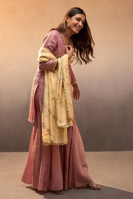 Shop_Parshya_Pink Brocade Mirrors, Embroidery, Sequins V-neck Butti Work Kurta Sharara Set _Online_at_Aza_Fashions
