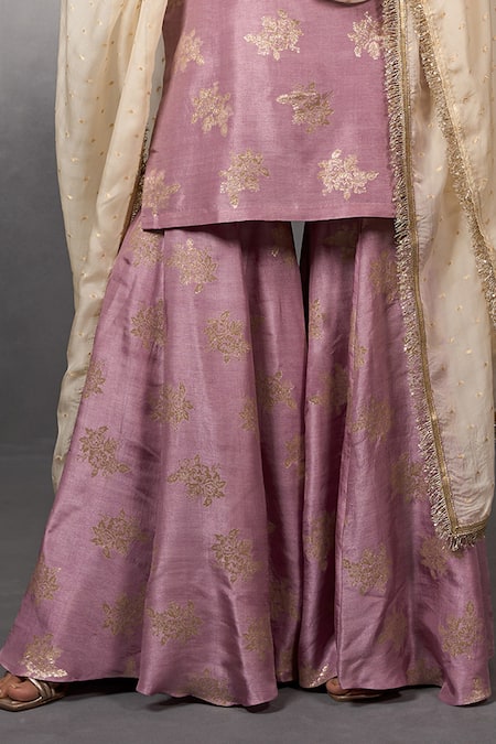 Parshya_Purple Silk, Brocade, Chiffon Embroidery Floral Bloom Pattern Kurta Sharara Set _Online_at_Aza_Fashions