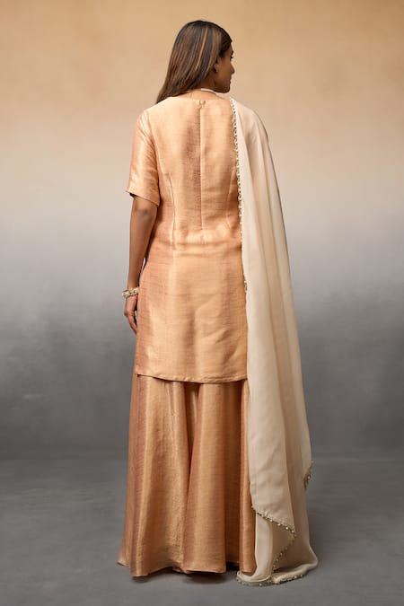 Shop_Parshya_Peach Silk, Brocade, Chiffon V-neck Banarasi Pattern Kurta And Flared Palazzo Set _at_Aza_Fashions