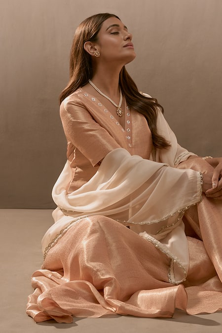 Shop_Parshya_Peach Silk, Brocade, Chiffon V-neck Banarasi Pattern Kurta And Flared Palazzo Set _Online_at_Aza_Fashions