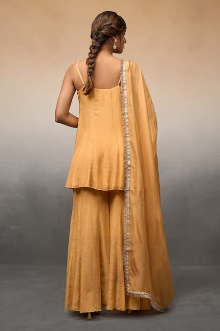 Shop_Parshya_Orange Silk, Linen, Brocade Embroidery Placement Floral Kurta Sharara Set _at_Aza_Fashions