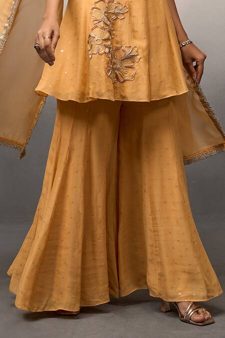 Parshya_Orange Silk, Linen, Brocade Embroidery Placement Floral Kurta Sharara Set _Online_at_Aza_Fashions
