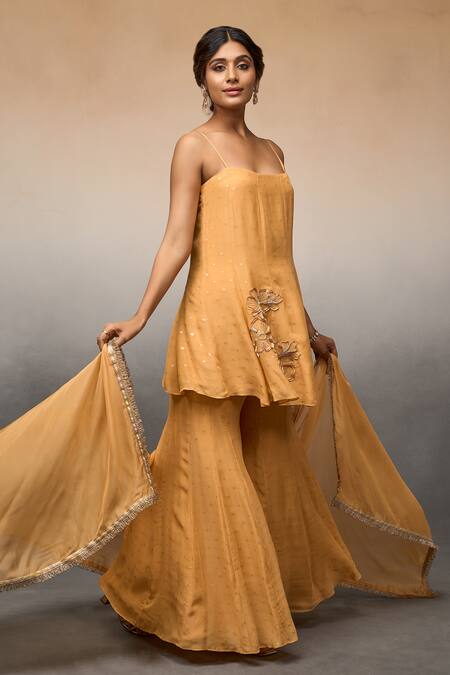 Buy_Parshya_Orange Silk, Linen, Brocade Embroidery Placement Floral Kurta Sharara Set _Online_at_Aza_Fashions