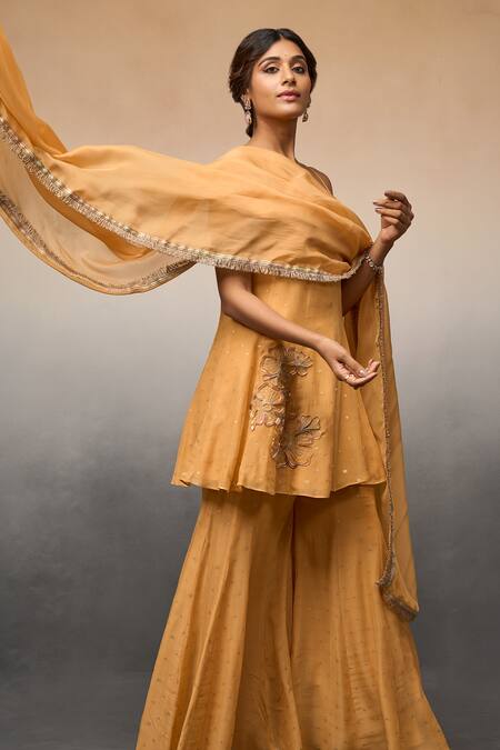 Shop_Parshya_Orange Silk, Linen, Brocade Embroidery Placement Floral Kurta Sharara Set _Online_at_Aza_Fashions